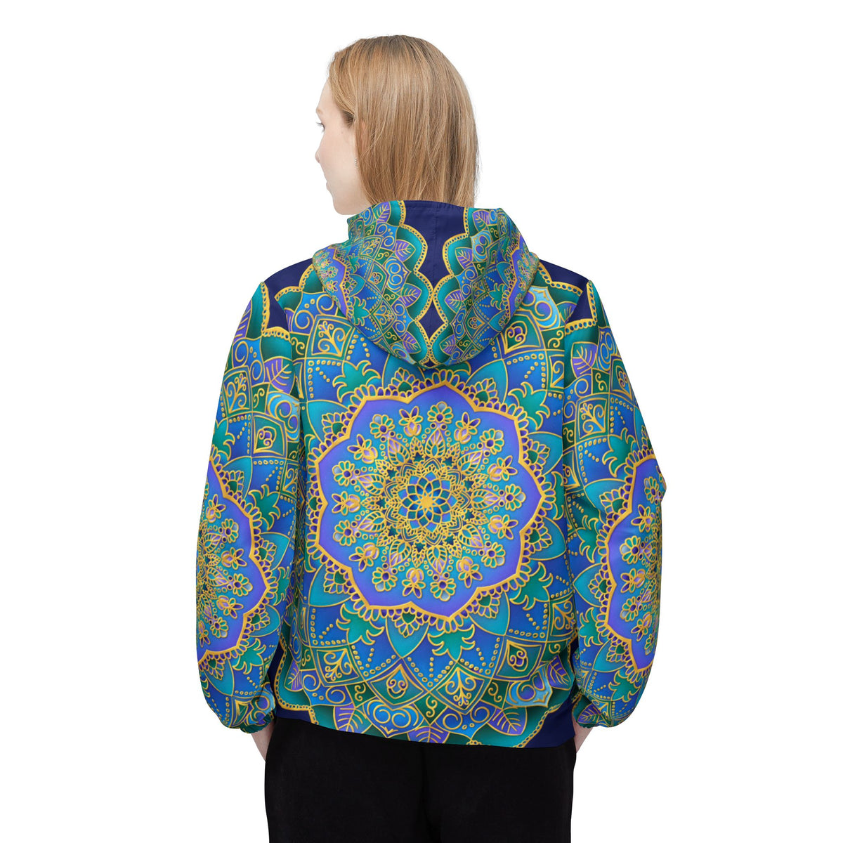 Blue Mandala Windbreaker Jacket – Colorful Boho Outdoor Layer