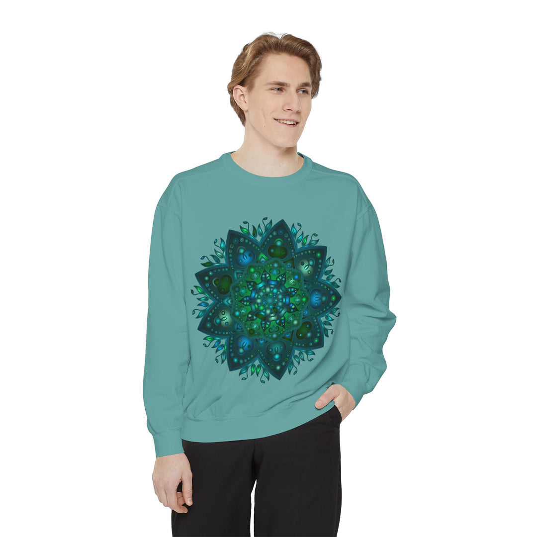 Teal and blue mandala sweatshirt with intricate mandala design in shades of teal and blue, perfect for a stylish and cozy look