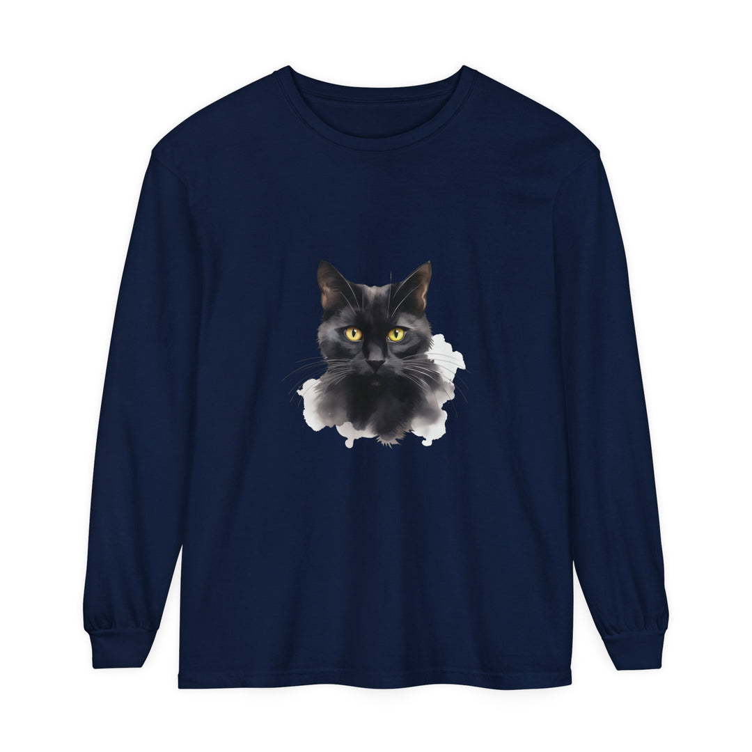 Black Cat Portrait - Unisex Long Sleeve T-Shirt featuring a detailed graphic of a majestic black cat against a black background