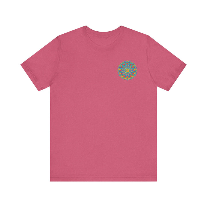 A vibrant, colorful mandala design t-shirt that promotes spiritual peace