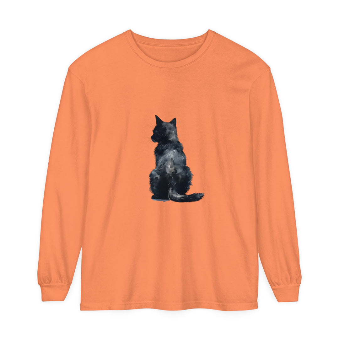 Black cat watercolor design printed on a comfortable long sleeve t-shirt