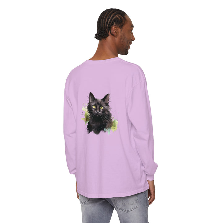 Black Cat Watercolor Splash Long Sleeve T-Shirt with vibrant, artistic design