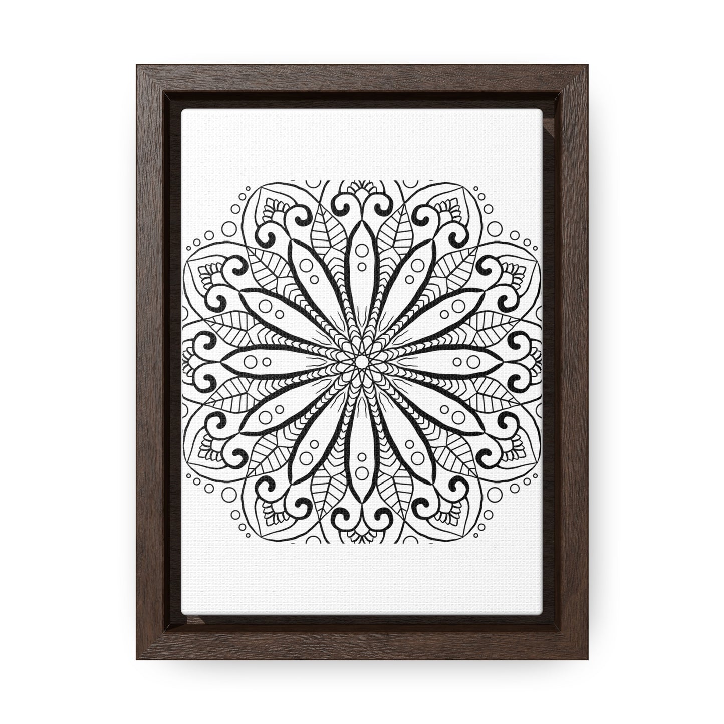 A stunning black and white mandala handmade art piece, gallery canvas wrapped and framed vertically for a striking wall display