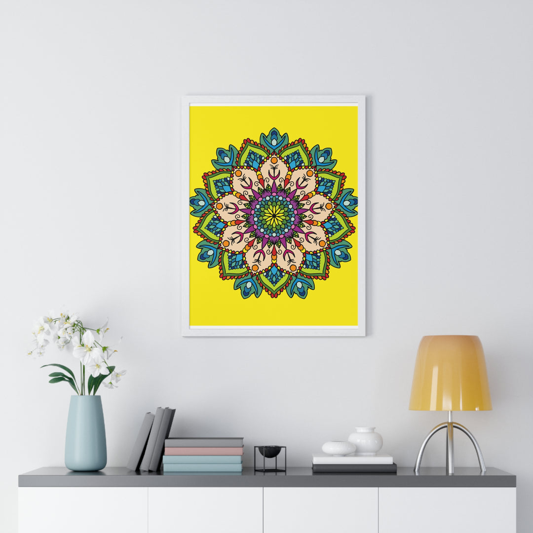 Vertical framed poster featuring a hand-drawn yellow mandala art for mindfulness and yoga practice