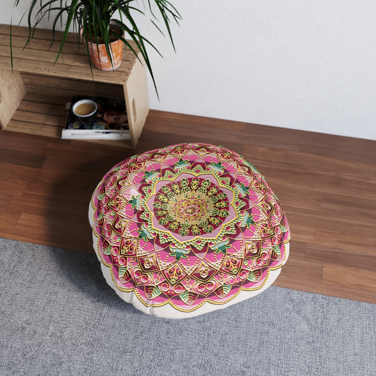Round Mandala Floor Pillow – Pink Bohemian Meditation Cushion