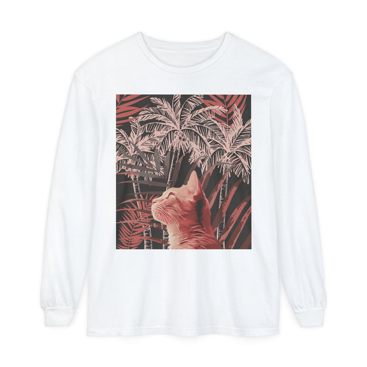 A comfortable, stylish t-shirt featuring a playful ginger cat and palm tree design