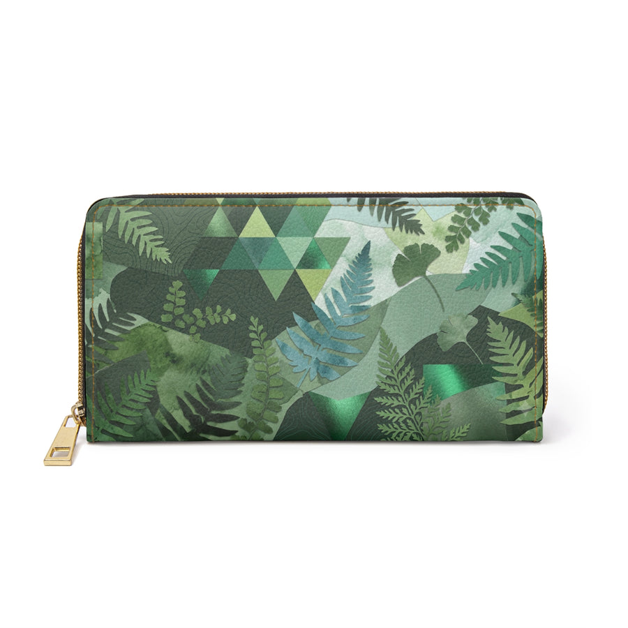 Green Fern Zip Wallet — Botanical Geometric Zippered Wallet