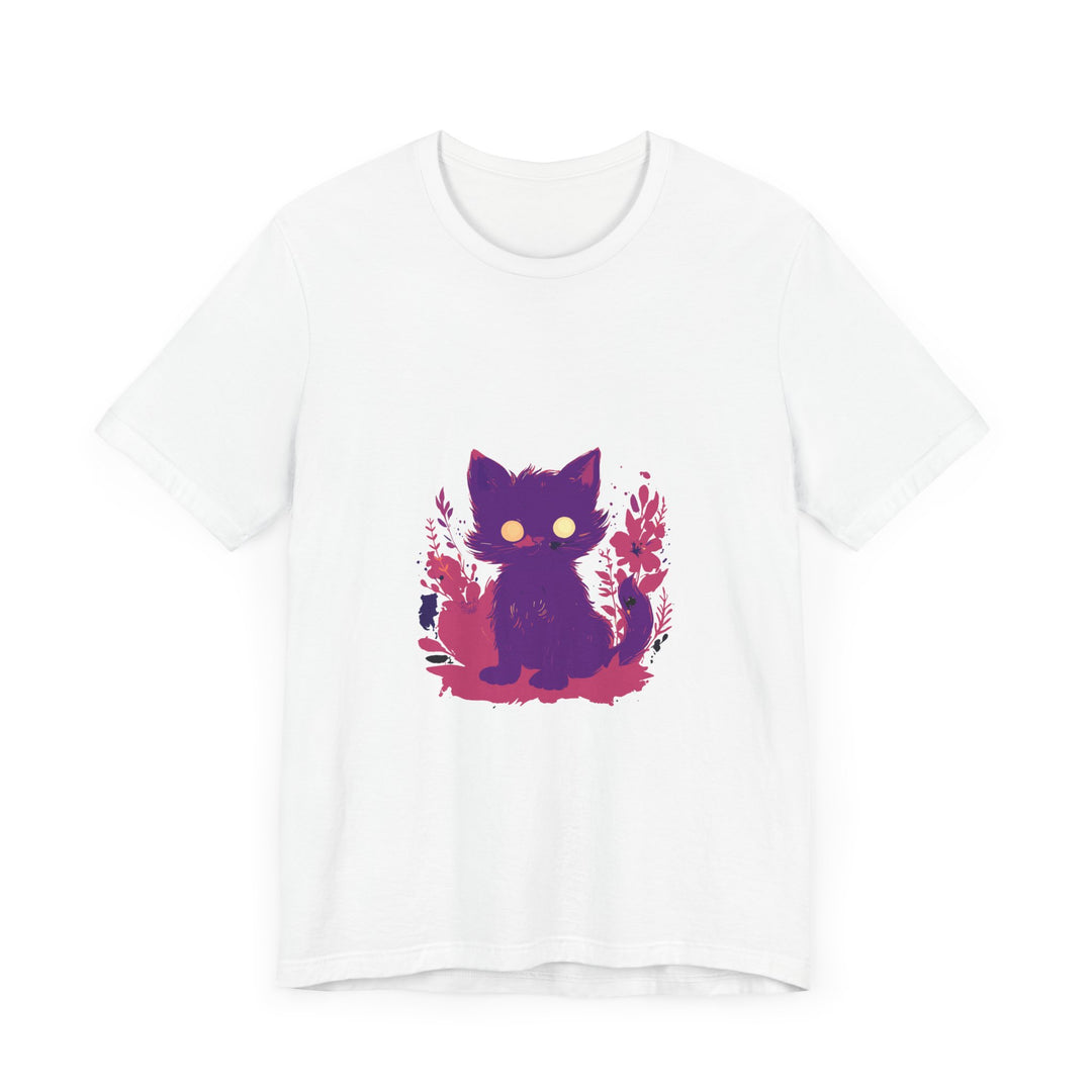 Vibrant purple t-shirt featuring a whimsical and mysterious cat design