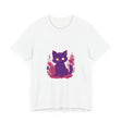Vibrant purple t-shirt featuring a whimsical and mysterious cat design