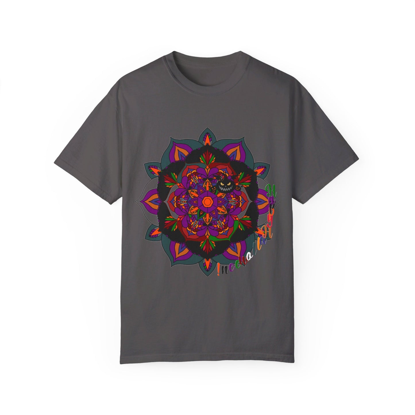 Handmade unisex Halloween mandala t-shirt featuring pumpkin mandala art on garment-dyed tee