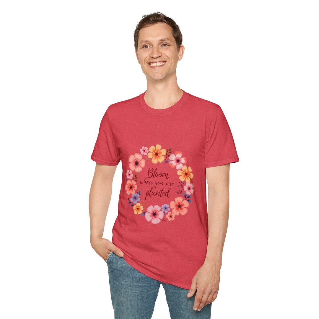 Colorful, intricate floral mandala graphic with inspirational quote on white t-shirt