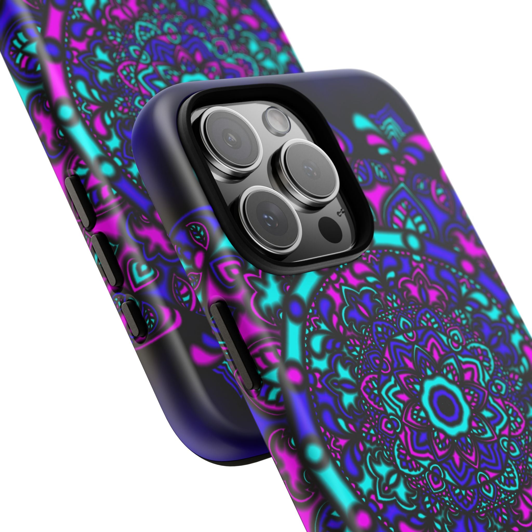 Mandala Neon Phone Case — Purple & Teal Protective Tough Case