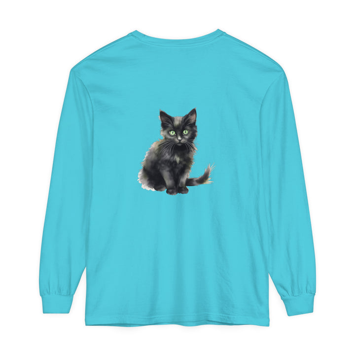 Watercolor-style black cat with vibrant green eyes printed on a soft, comfortable t-shirt in a stylish and eye-catching design