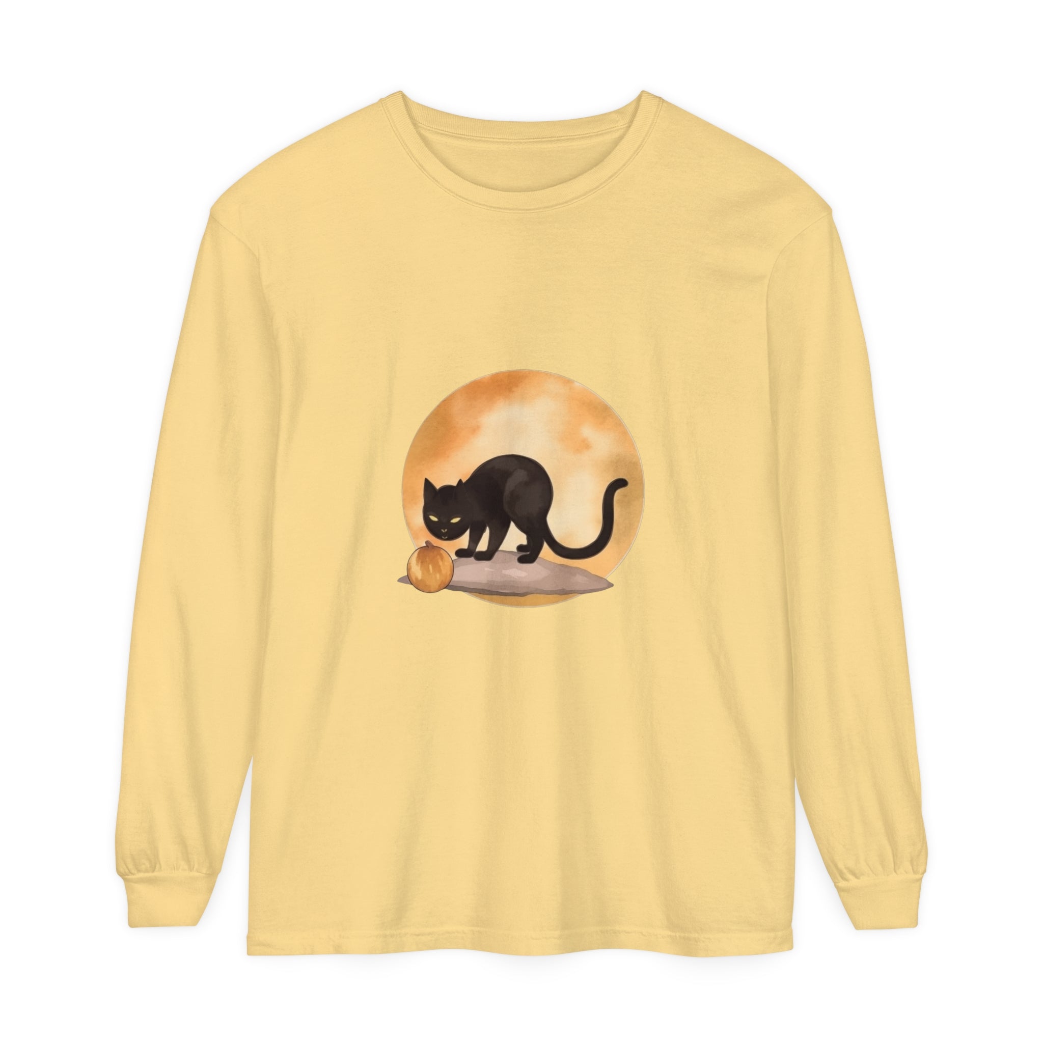 Black Cat & Moon Halloween T-Shirt with spooky design for October festivities