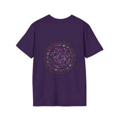 Vibrant purple mandala art unisex softstyle t-shirt with intricate hand-drawn design