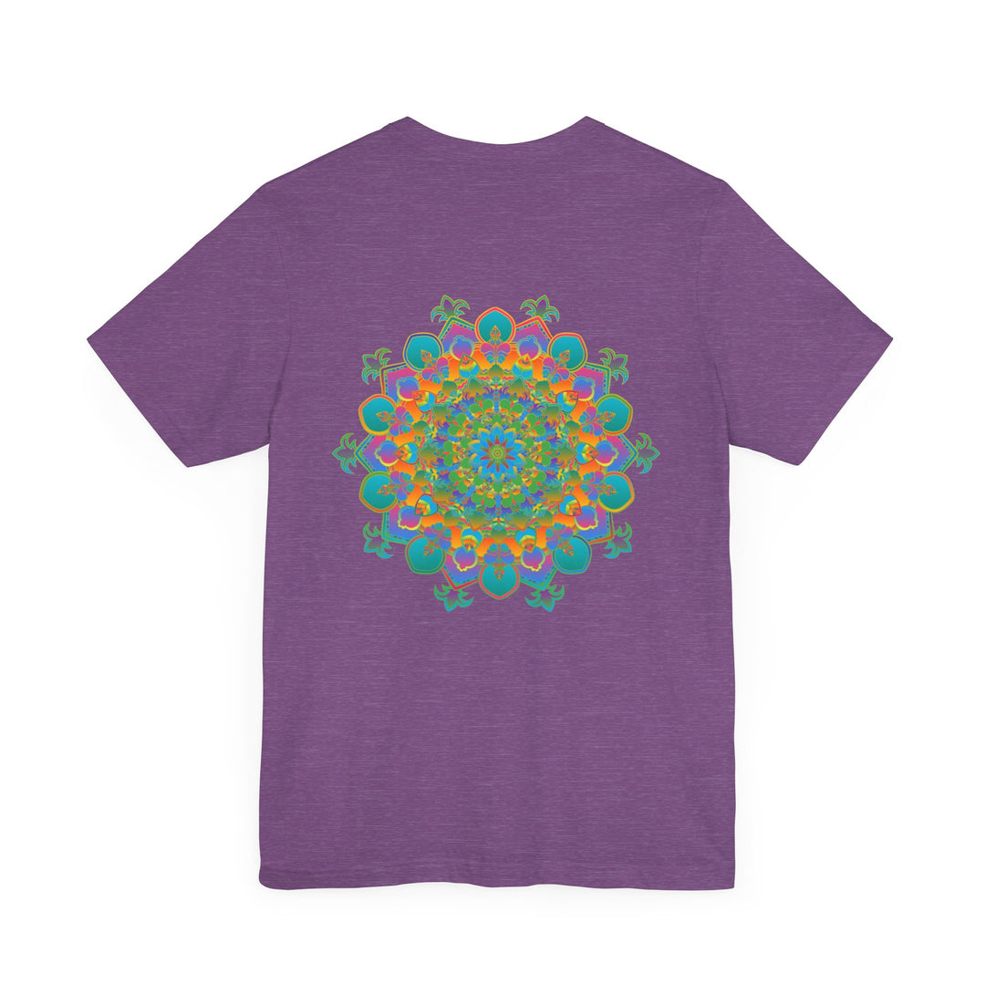 A colorful and intricate mandala design on a t-shirt, symbolizing spiritual peace and harmony for a vibrant and uplifting look