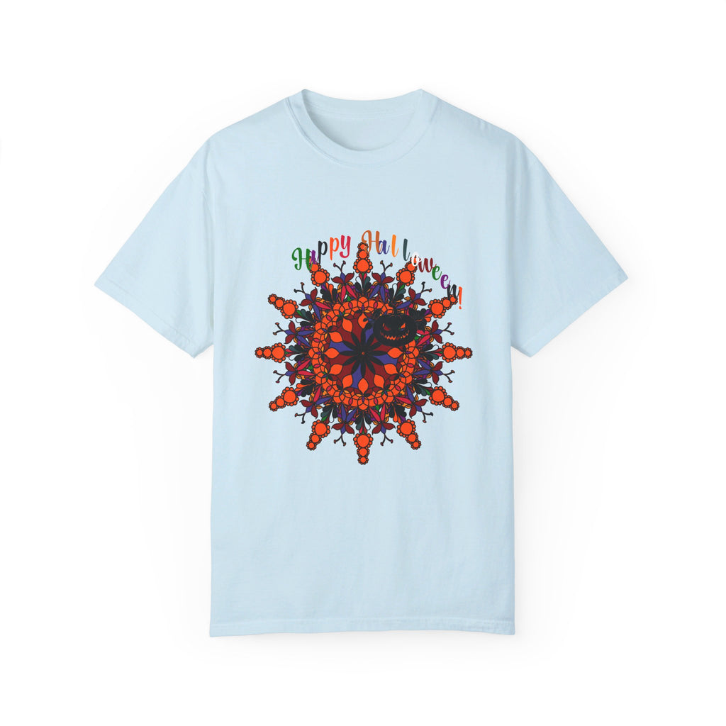 Halloween Mandala T-shirt featuring a handmade pumpkin mandala design, perfect for both men and women - Garment-dyed tee for a unique and stylish look