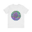 A close-up image of a colorful mandala t-shirt with an intricate and detailed design featuring various vibrant hues and patterns