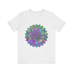 A close-up image of a colorful mandala t-shirt with an intricate and detailed design featuring various vibrant hues and patterns