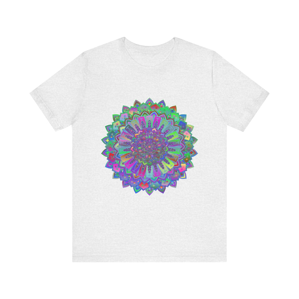 A close-up image of a colorful mandala t-shirt with an intricate and detailed design featuring various vibrant hues and patterns