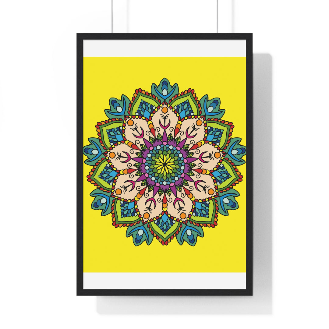 Vertical framed poster of a yellow Mandala art, hand-drawn, promoting mindfulness and yoga