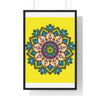 Vertical framed poster of a yellow Mandala art, hand-drawn, promoting mindfulness and yoga