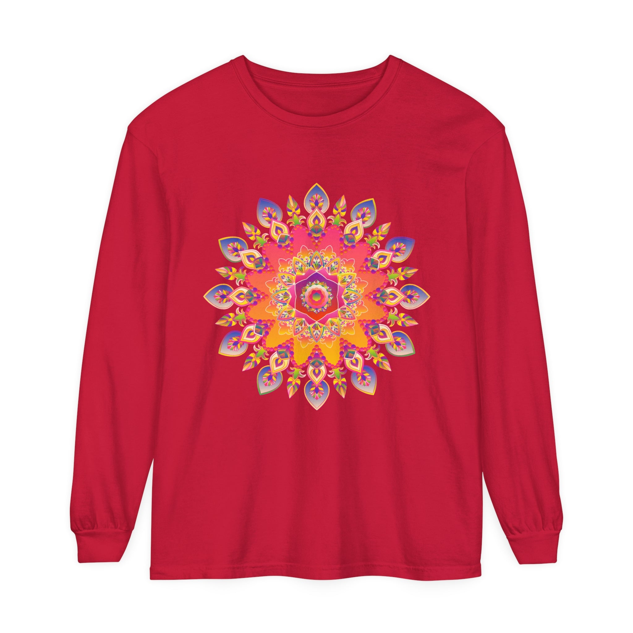 Colorful and intricate mandala design on a comfortable unisex long sleeve t-shirt