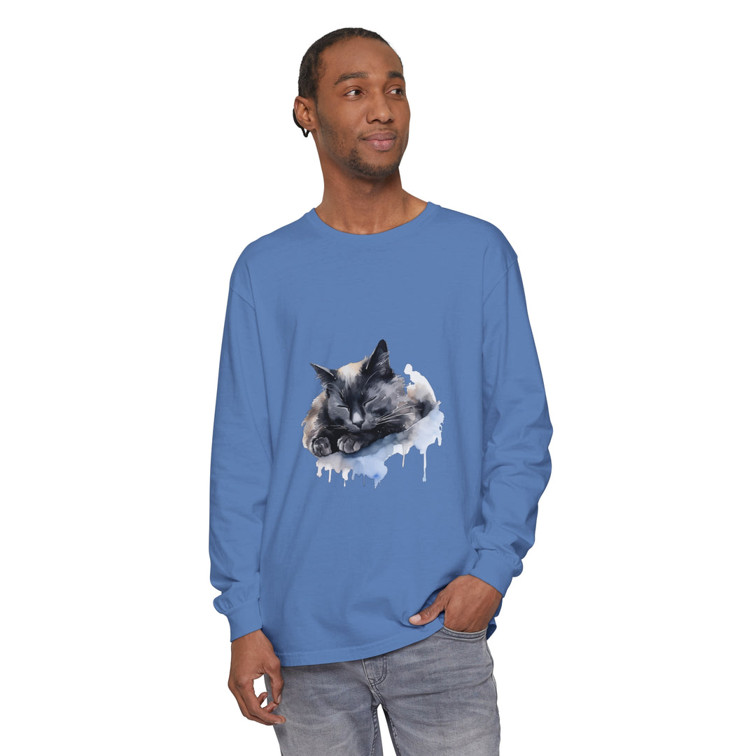 A soft, watercolor-style t-shirt featuring a peaceful sleeping cat design