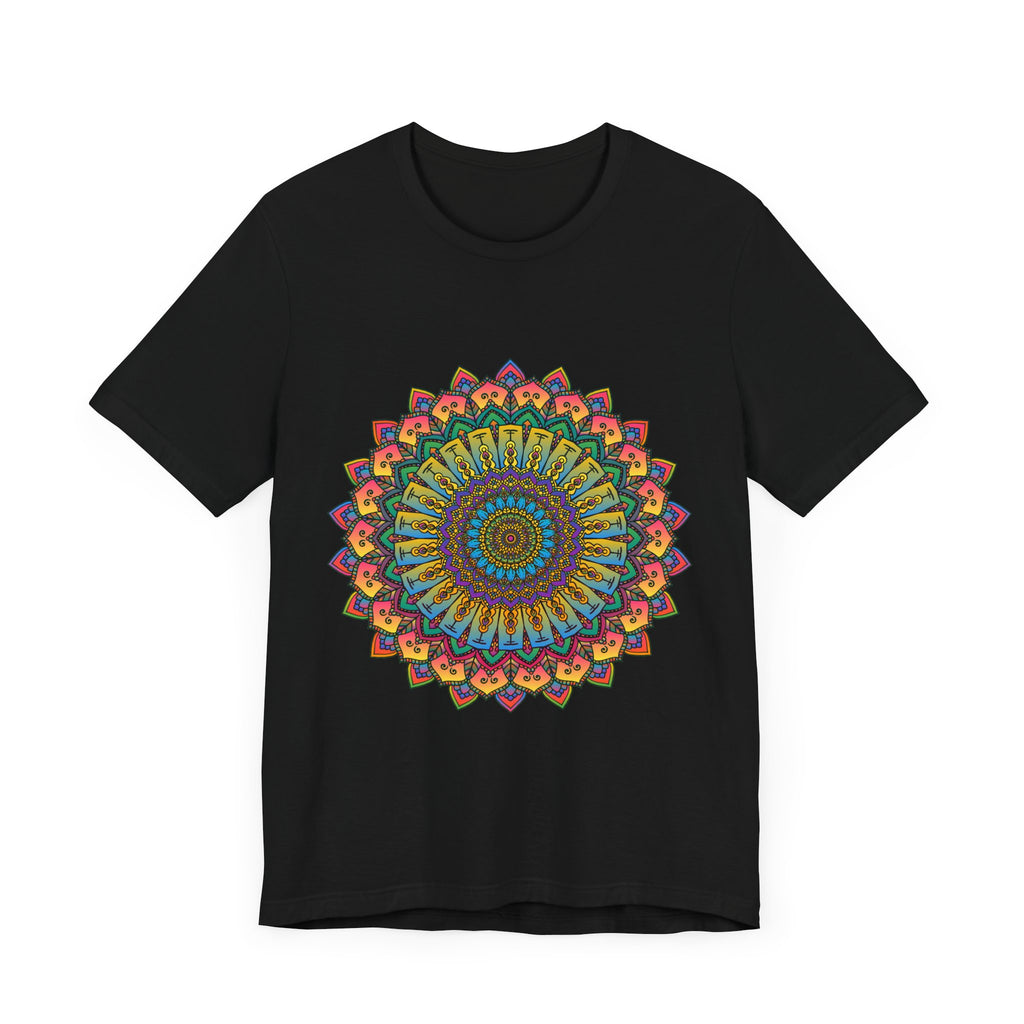 A close-up image of a vibrant Intricate Mandala Meditation Tee with intricate designs and vibrant colors, perfect for relaxation and meditation