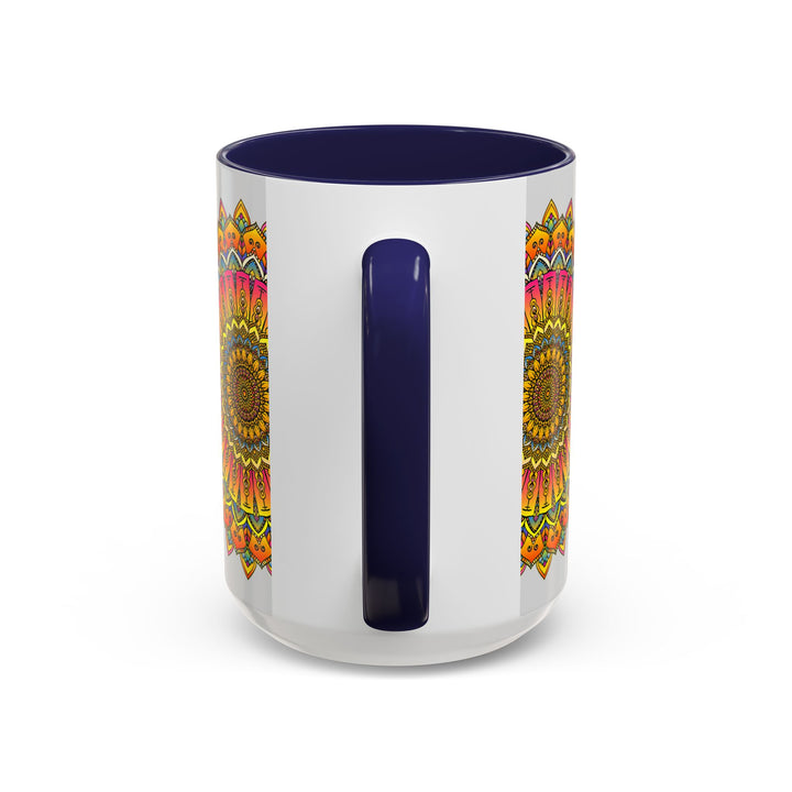 Beautiful ceramic mug featuring a vibrant mandala art design with colorful floral patterns