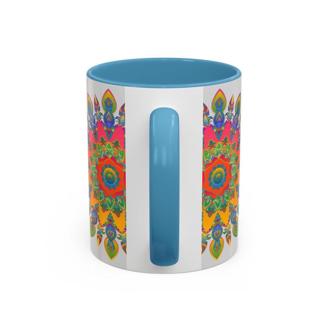 Beautiful and intricate colorful mandala design on a grey ceramic mug