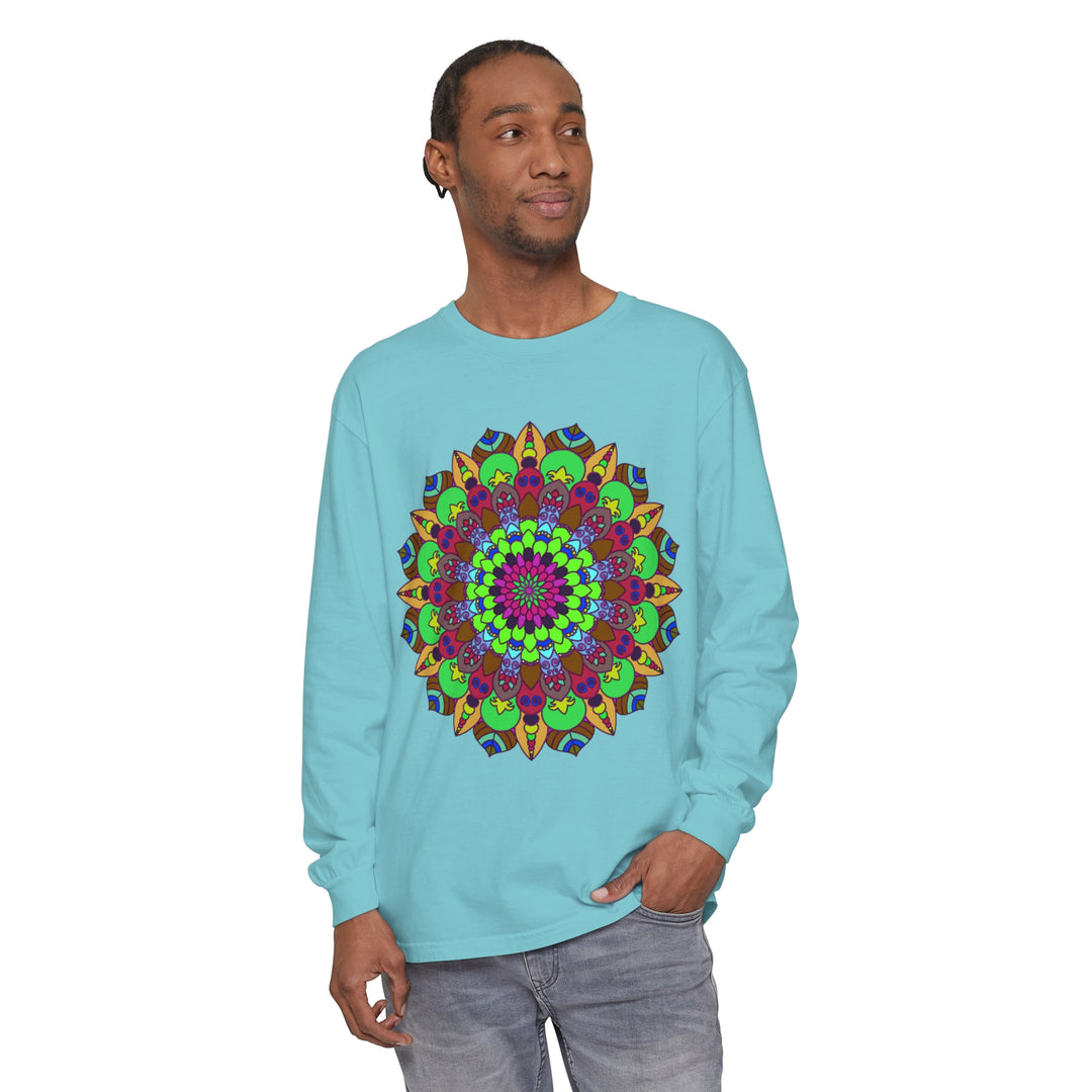 Colorful Mandala Unisex Long Sleeve T-Shirt featuring intricate hand-drawn design