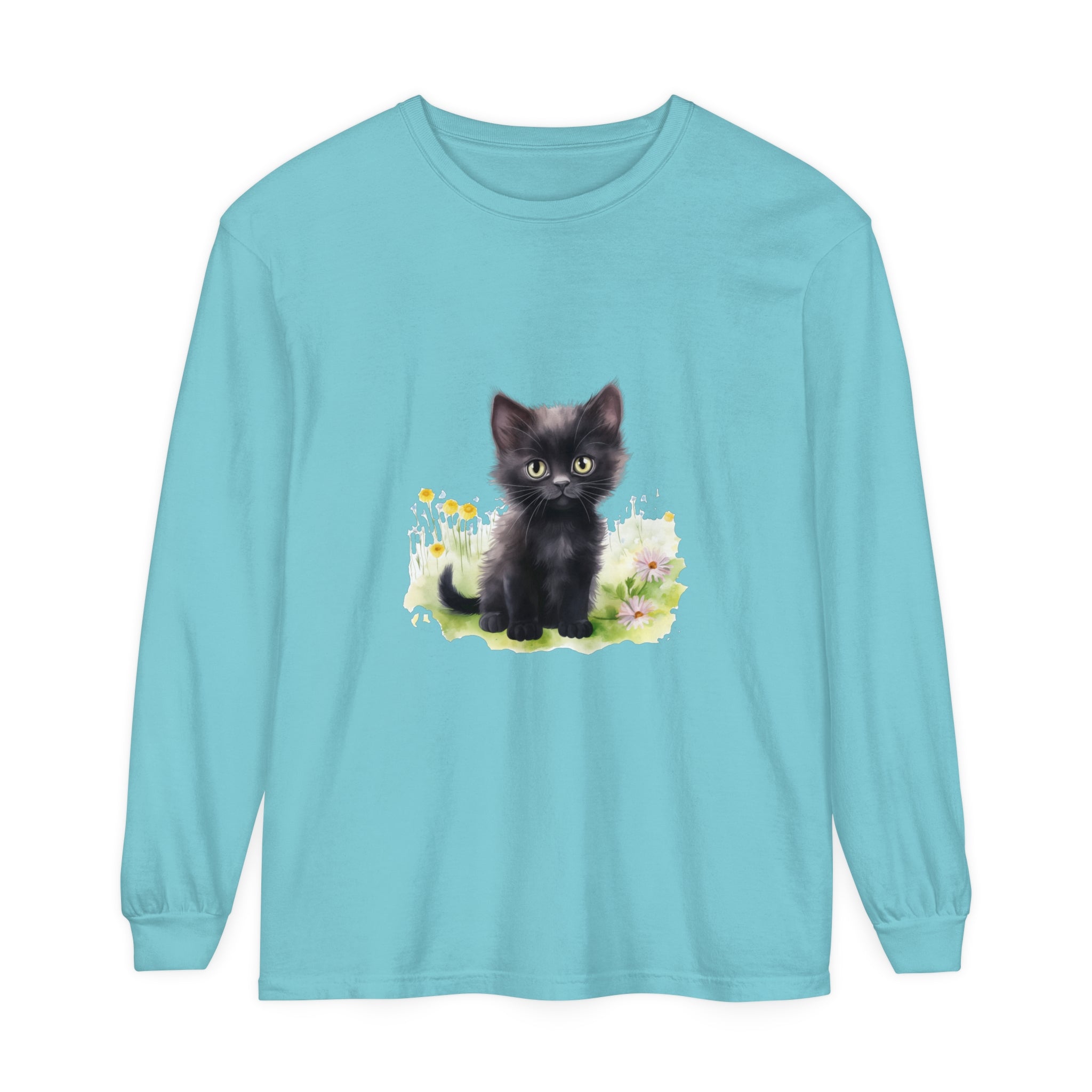 Adorable black kitten sitting in a vibrant flower garden, printed on a long sleeve t-shirt