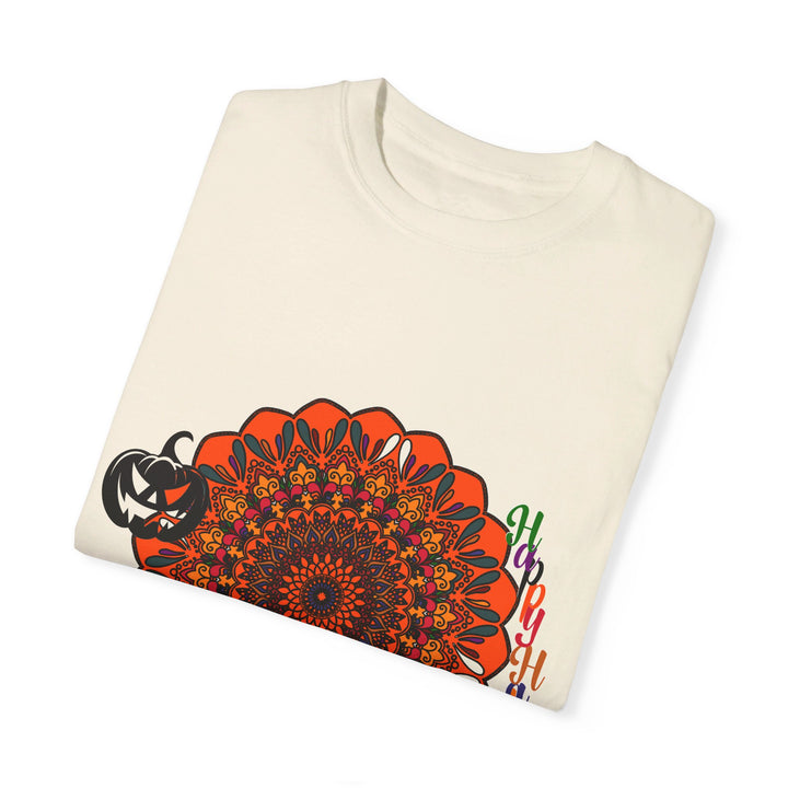 Unisex Halloween Mandala T-shirt featuring handmade pumpkin mandala art on garment-dyed tee