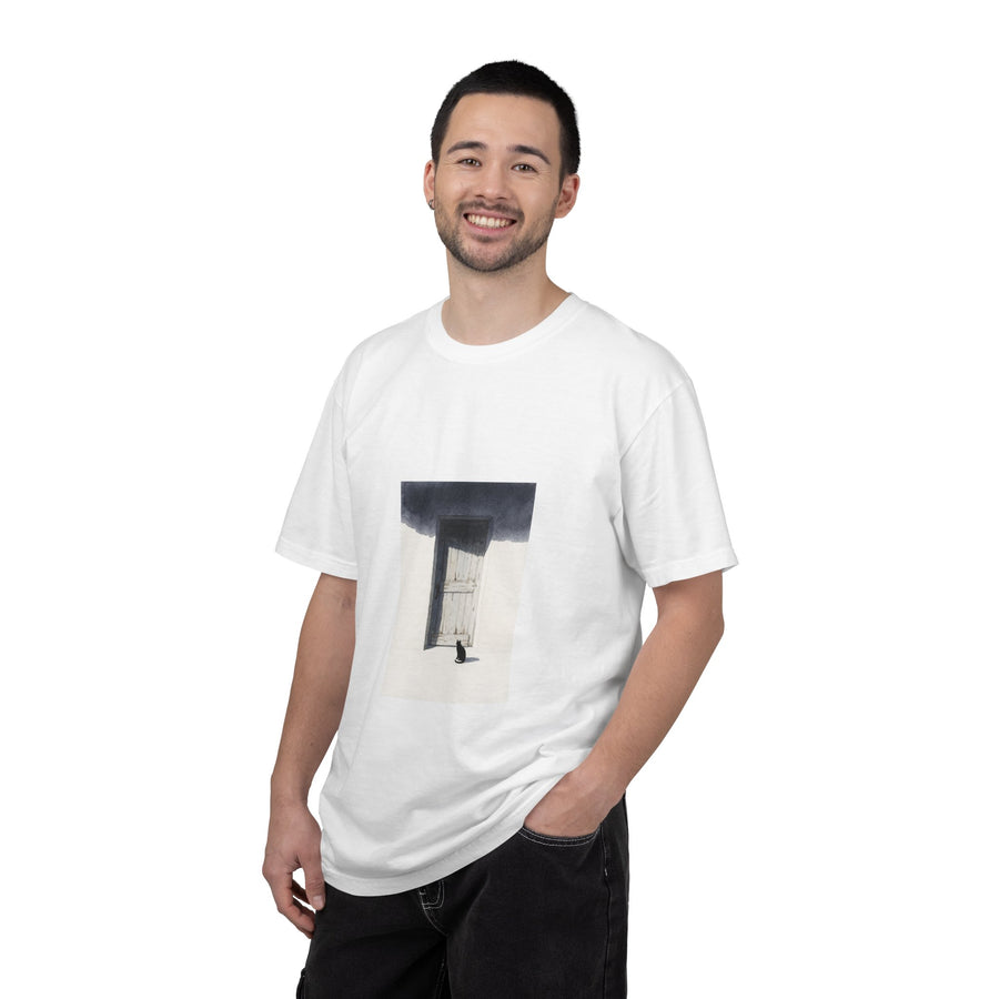 T-Shirt — Minimal Art Cat at Door Graphic Tee