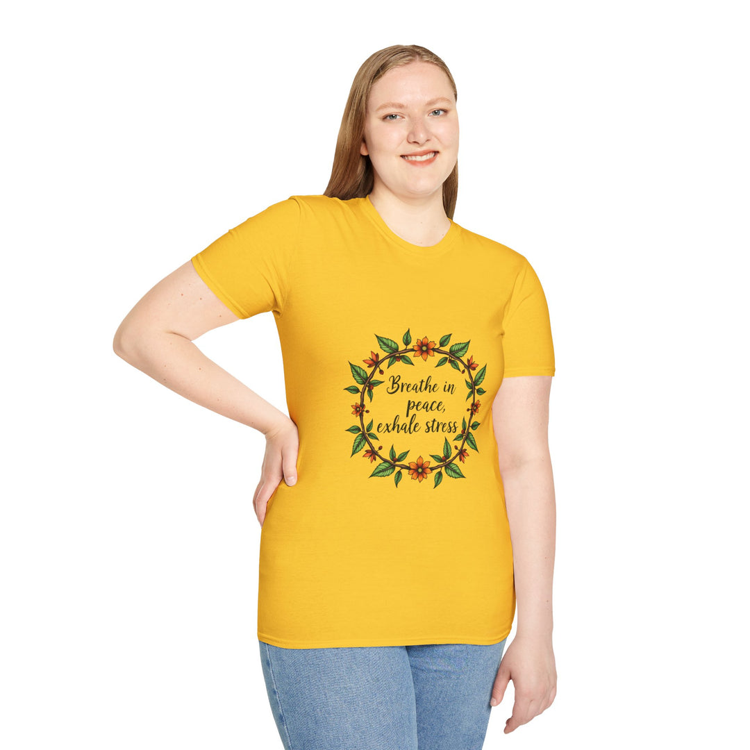 Beautiful floral garland t-shirt with the calming message 'Breathe in Peace Exhale Stress' printed on the front