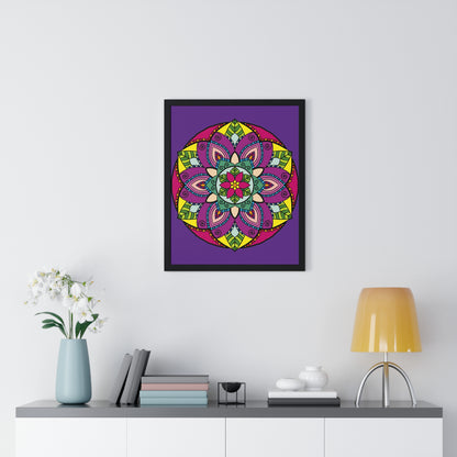 Mindfulness and yoga themed vertical framed poster with intricate hand-drawn purple mandala