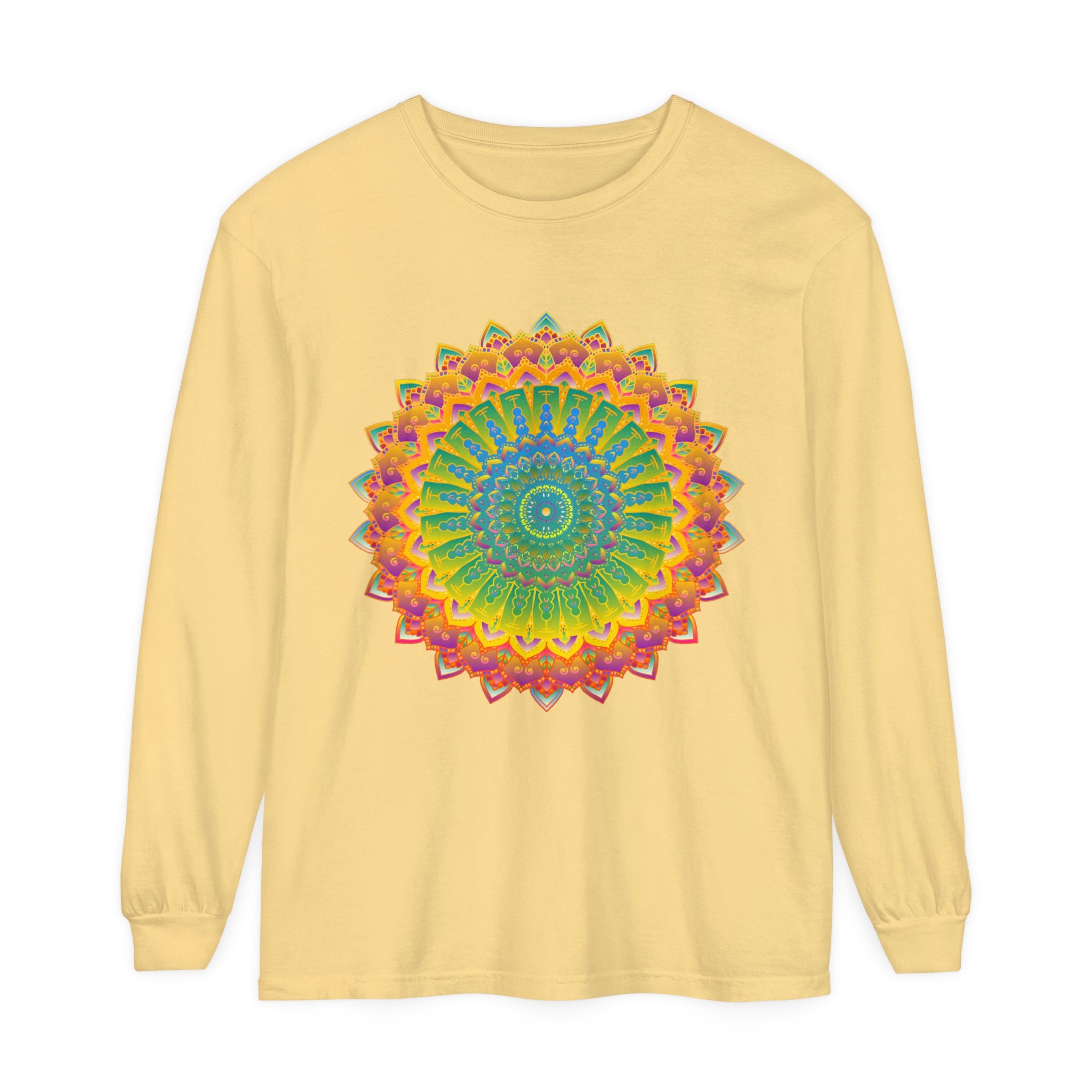 Intricate Mandala Unisex Long Sleeve T-Shirt featuring detailed, colorful mandala design