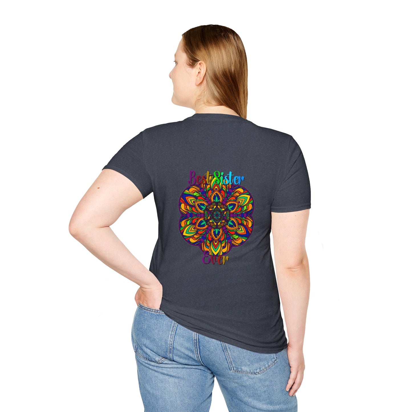 Hand-drawn mandala art design on a unisex softstyle t-shirt, perfect for gifting to your sister