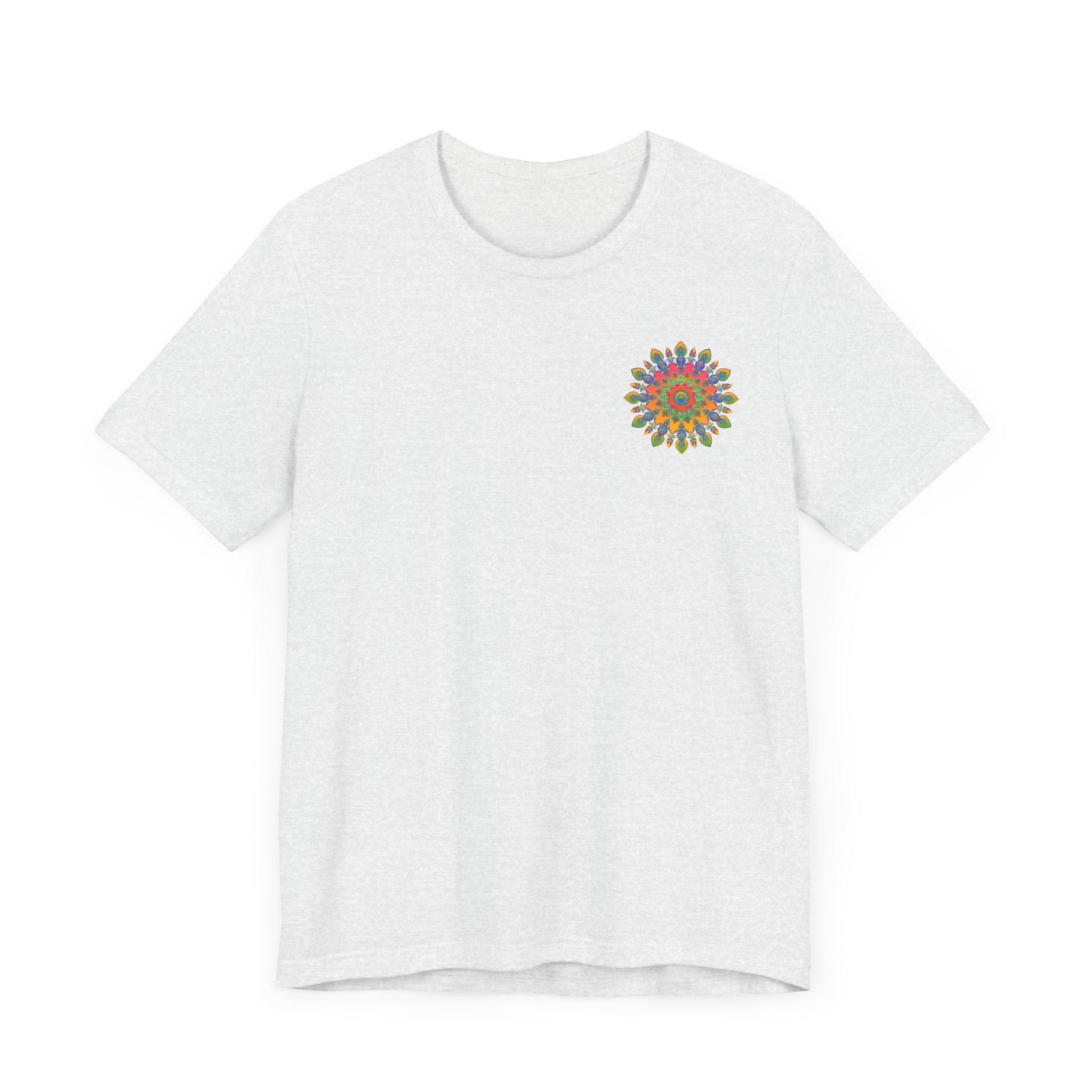 A vibrant and colorful psychedelic mandala t-shirt with spiritual peace vibes