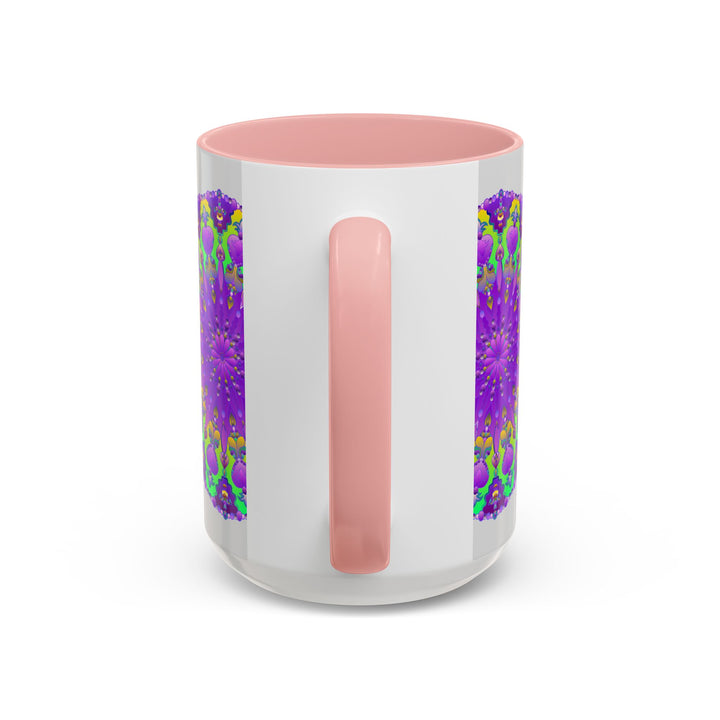 A beautiful purple mandala design adorns this vibrant art on grey mug