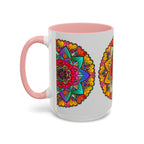 Colorful ceramic mug featuring a detailed and intricate mandala design