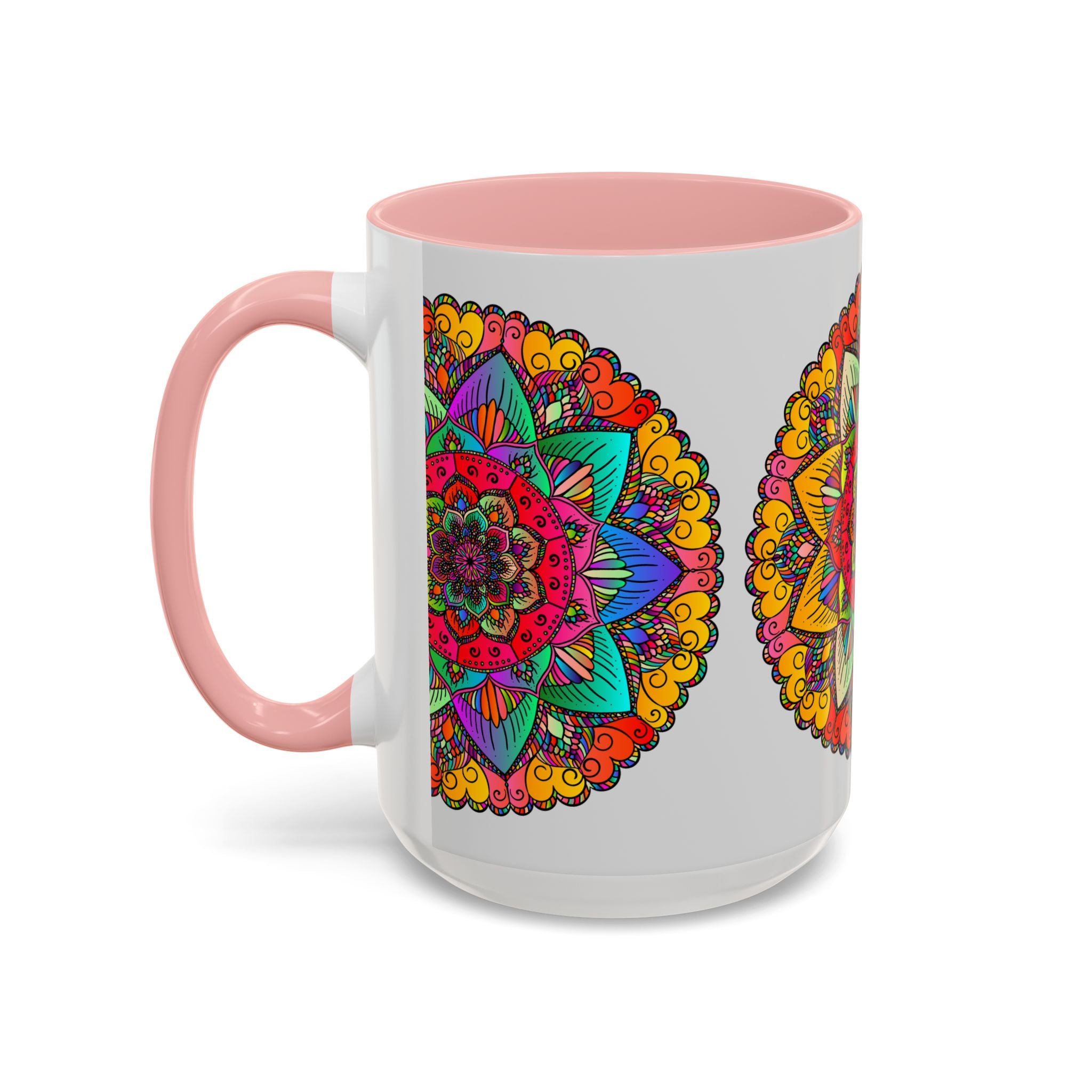 Colorful ceramic mug featuring a detailed and intricate mandala design