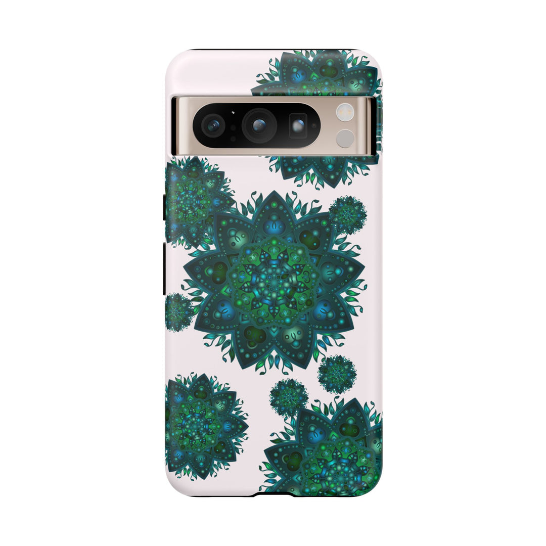 Beautiful light pink and green mandala phone case with a peaceful and intricate design