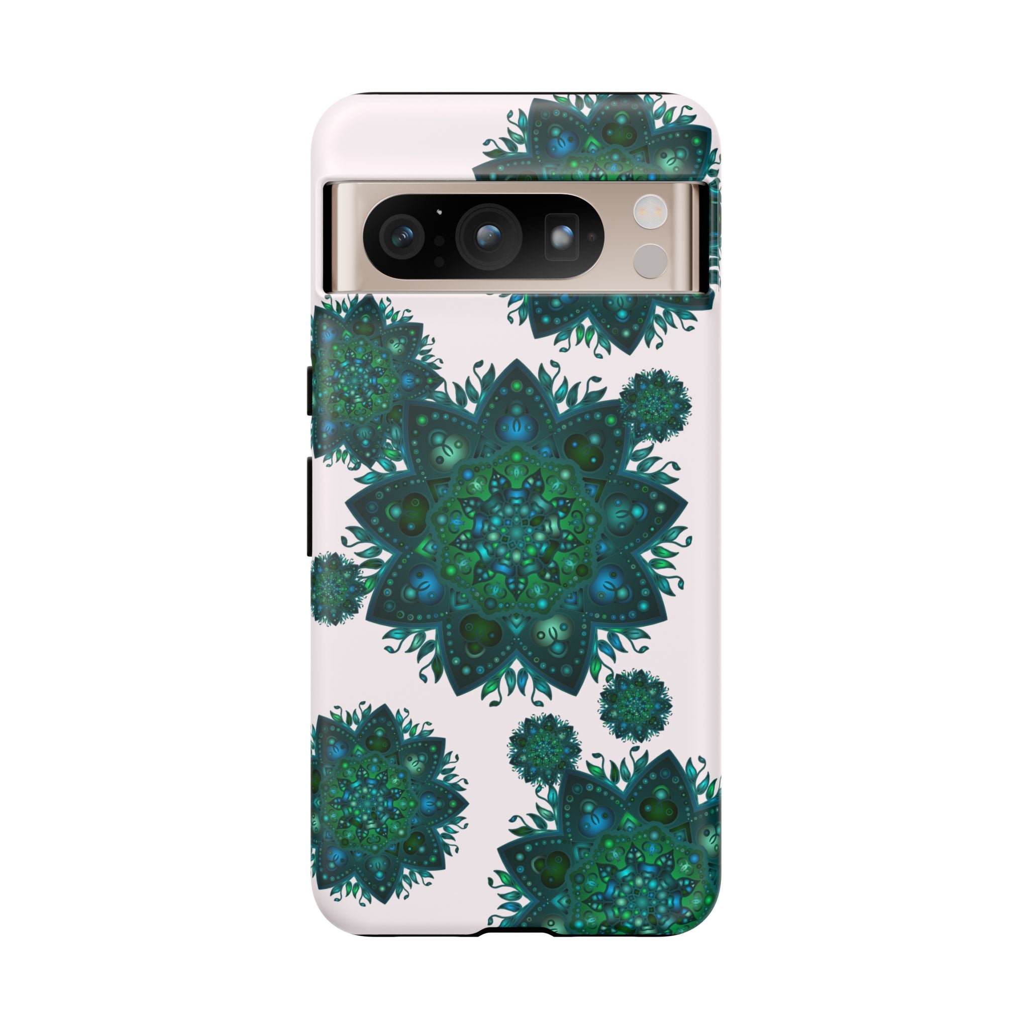 Beautiful light pink and green mandala phone case with a peaceful and intricate design