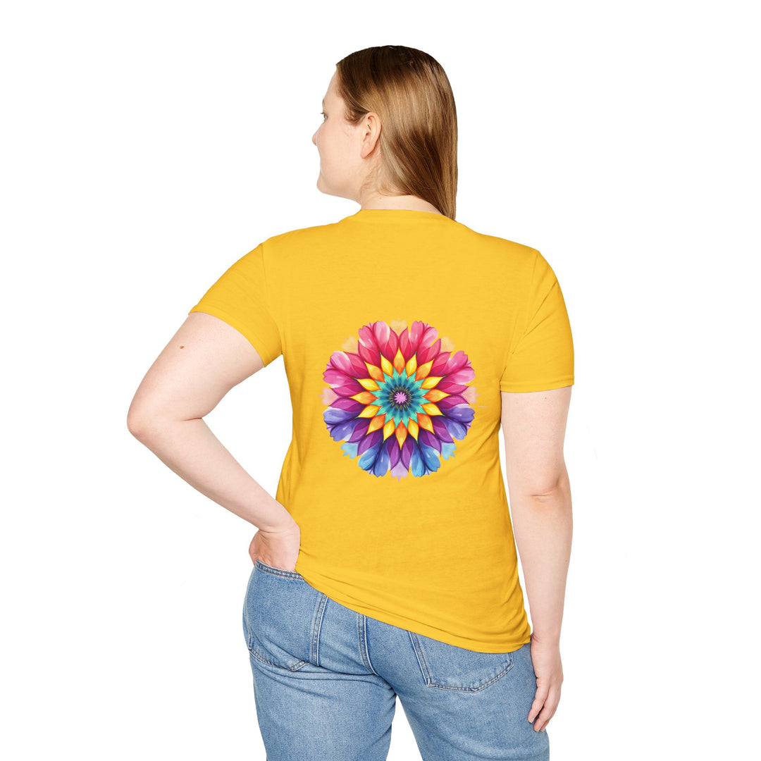 Beautiful white t-shirt with a floral mandala design and inspiring quote