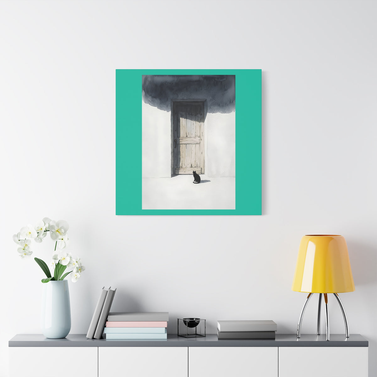 Cat at the Door Matte Canvas Wall Art — Moody Minimalist Cat Illustration