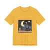 A cozy black t-shirt featuring a sleepy cat under the moonlit night