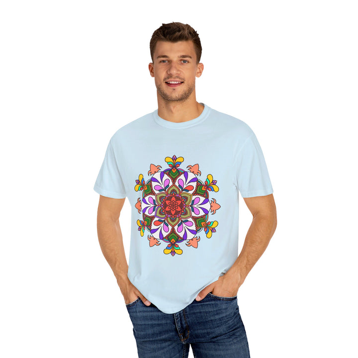 Unisex mandala t-shirt made from 100% ring-spun cotton, featuring hand-drawn mandala art and garment-dyed for extra comfort