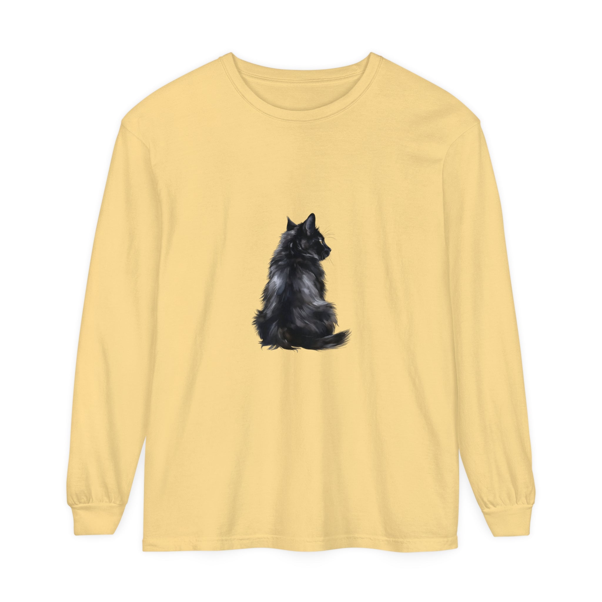 Black Cat Mystique Long Sleeve T-Shirt: a stylish black shirt with a captivating cat graphic